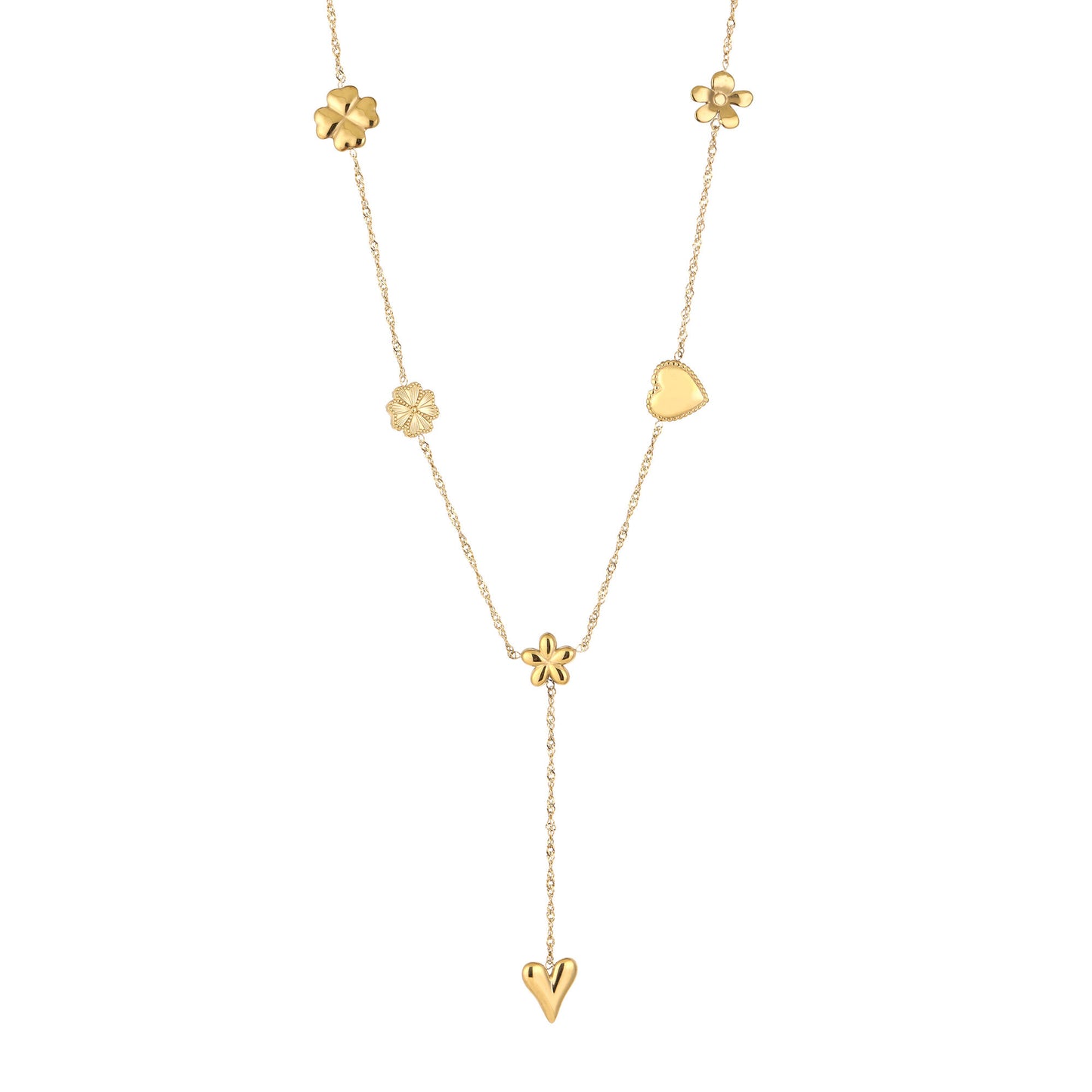 Y-ketting met hartje & bloemen – goudkleurig