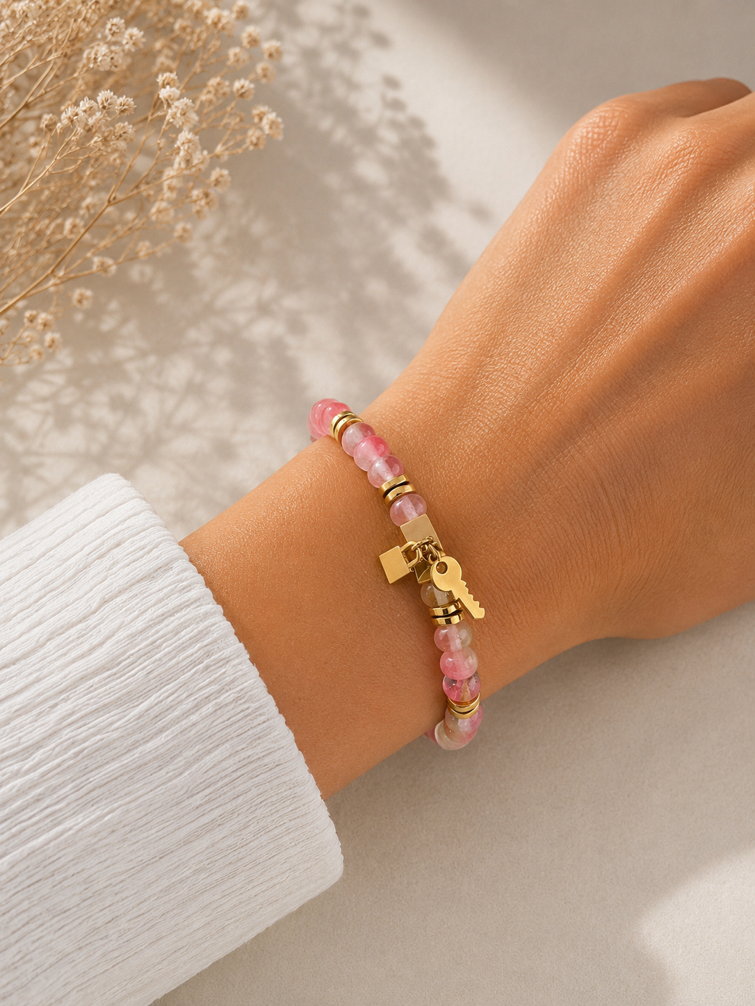 Rozekwarts Armband met Slotje & Sleutel