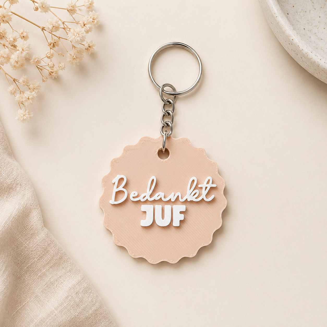🌸 Bedankt Juf – 3D Geprinte Sleutelhanger