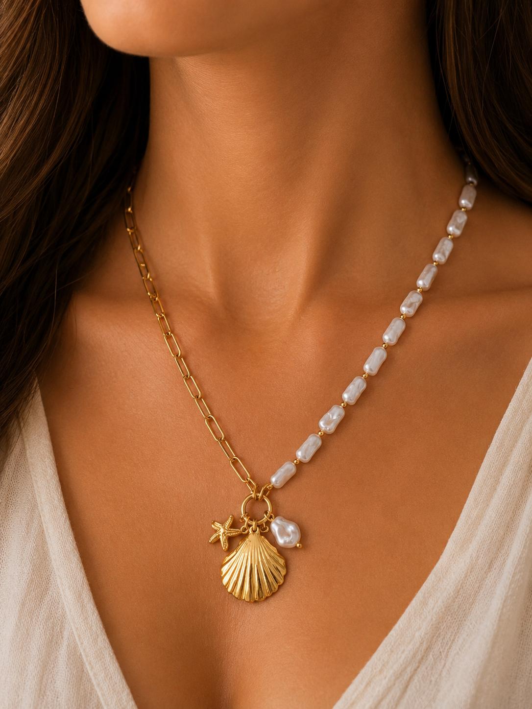 Gouden Schelp & Parel Ketting πβ¨