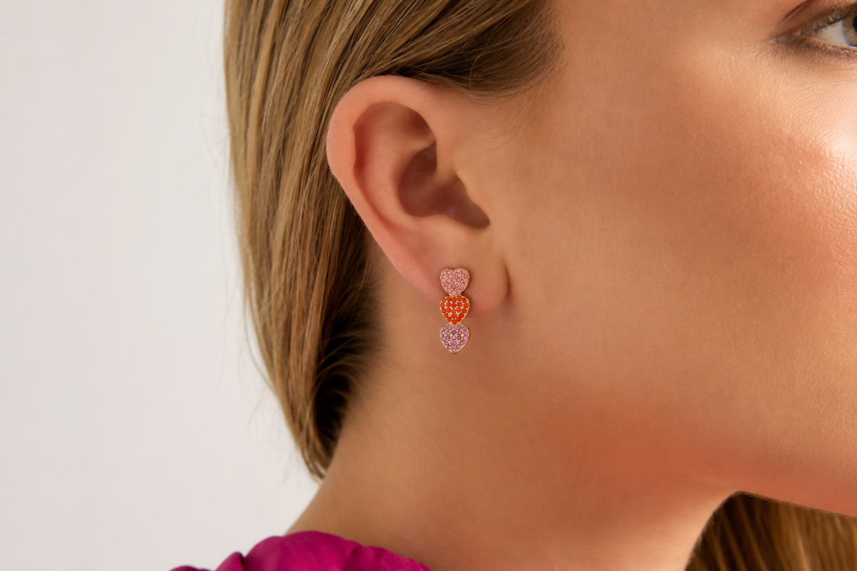 💕 Triple Heart Oorbellen – Pink & Orange